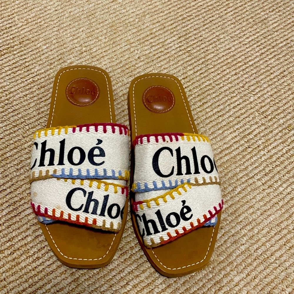 COPY - Chloe woody linen logo flats multicolored stitching